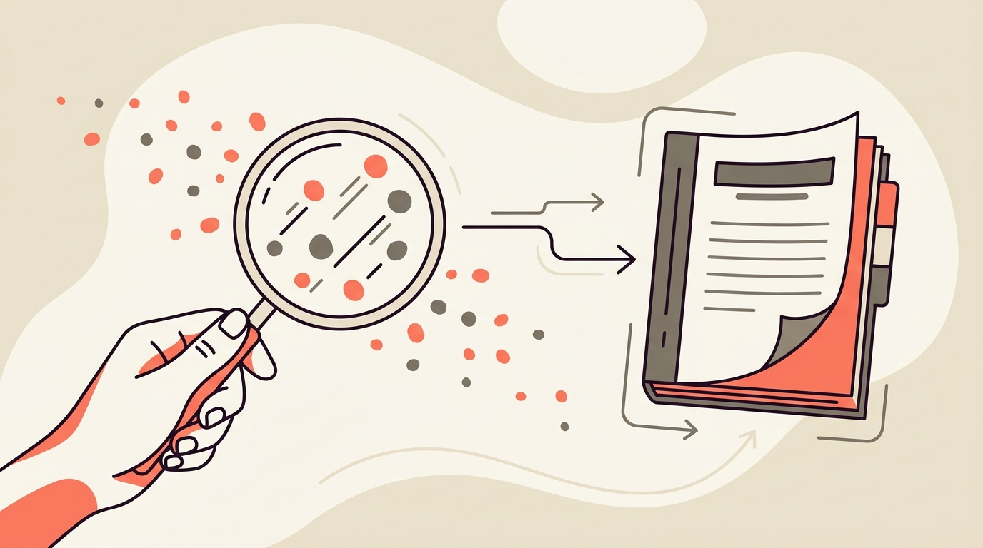 Flat cream and coral vector illustration of a magnifying glass observing small moving agent dots before a rulebook forms