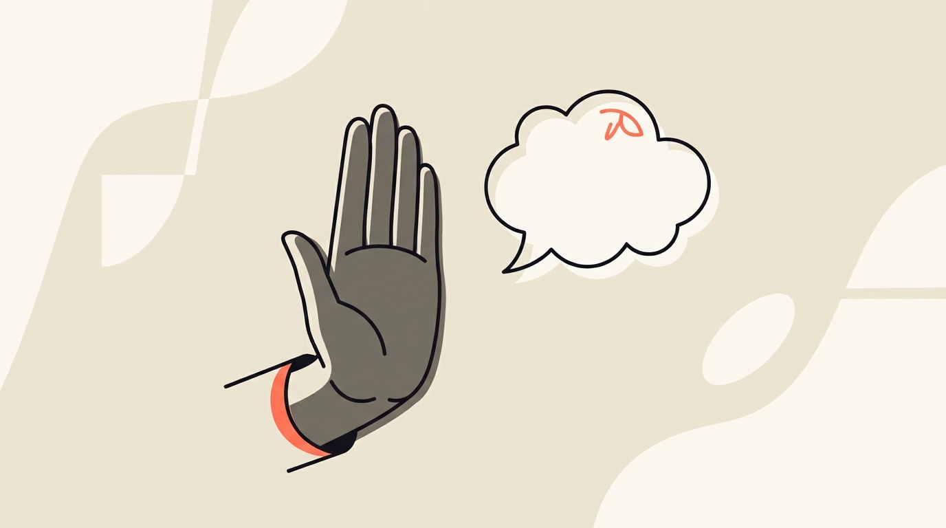 Flat cream and coral vector illustration of a hand holding up a stop shape beside a chat bubble, negative space