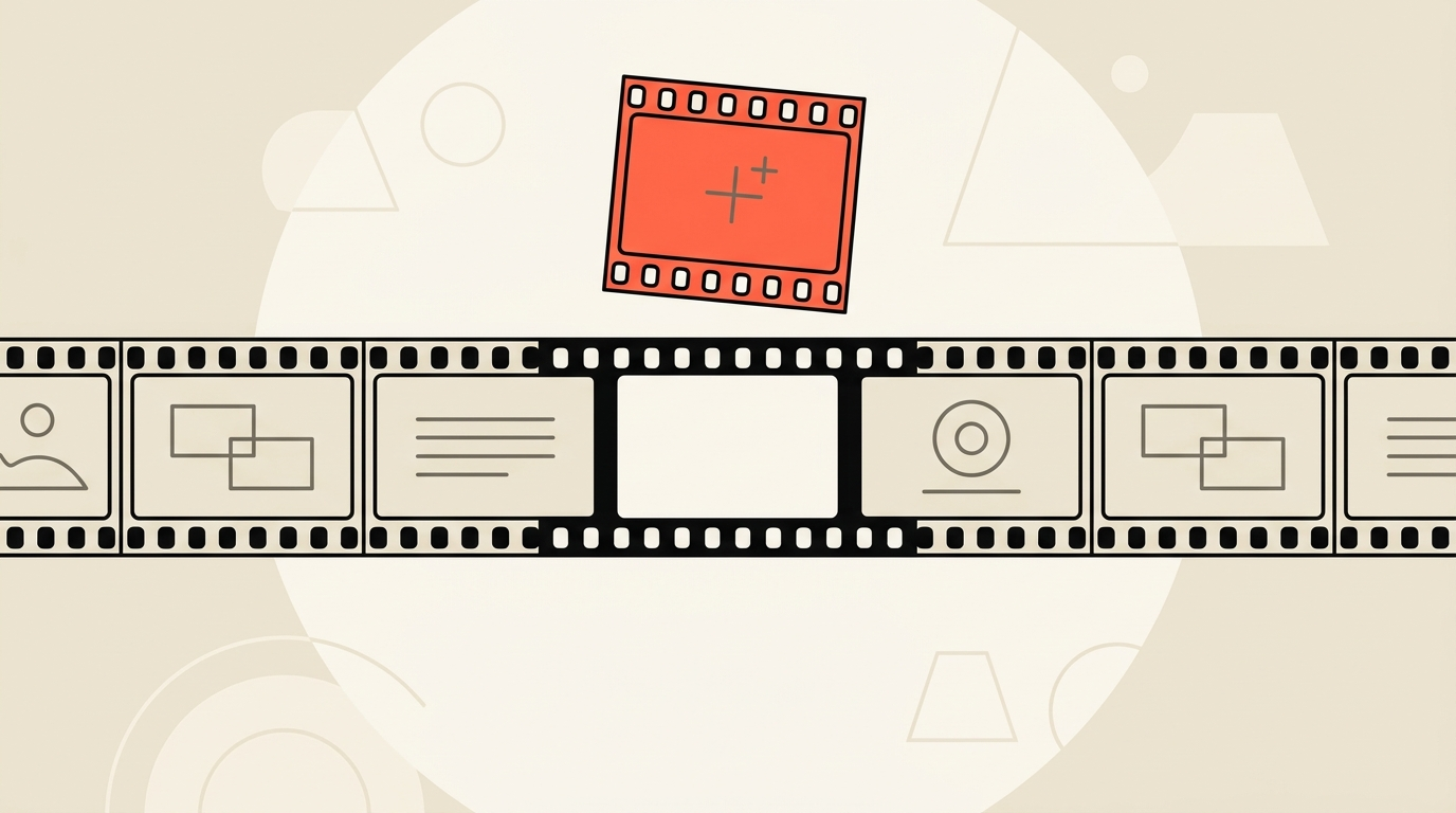 Flat illustration of a film strip with a missing frame, a coral frame dropping into the gap to complete it