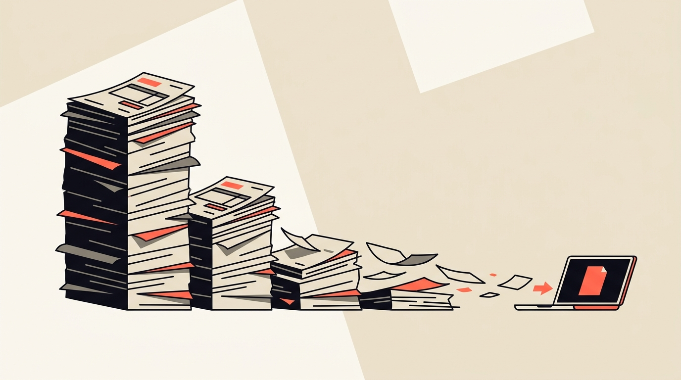 Flat illustration of a tall stack of invoices shrinking down to a single small laptop