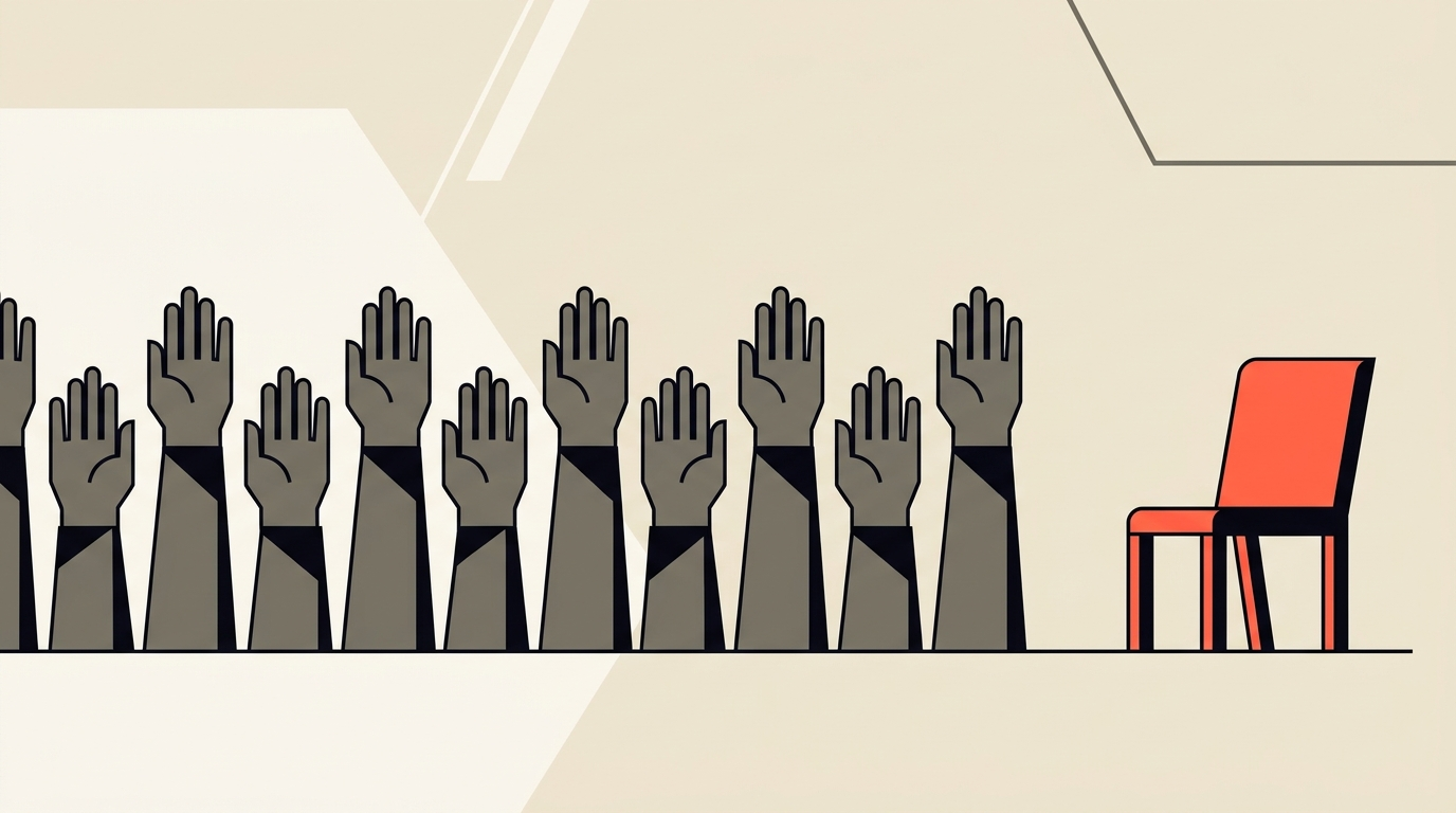 Flat illustration of a row of confidently raised hands beside one empty coral chair