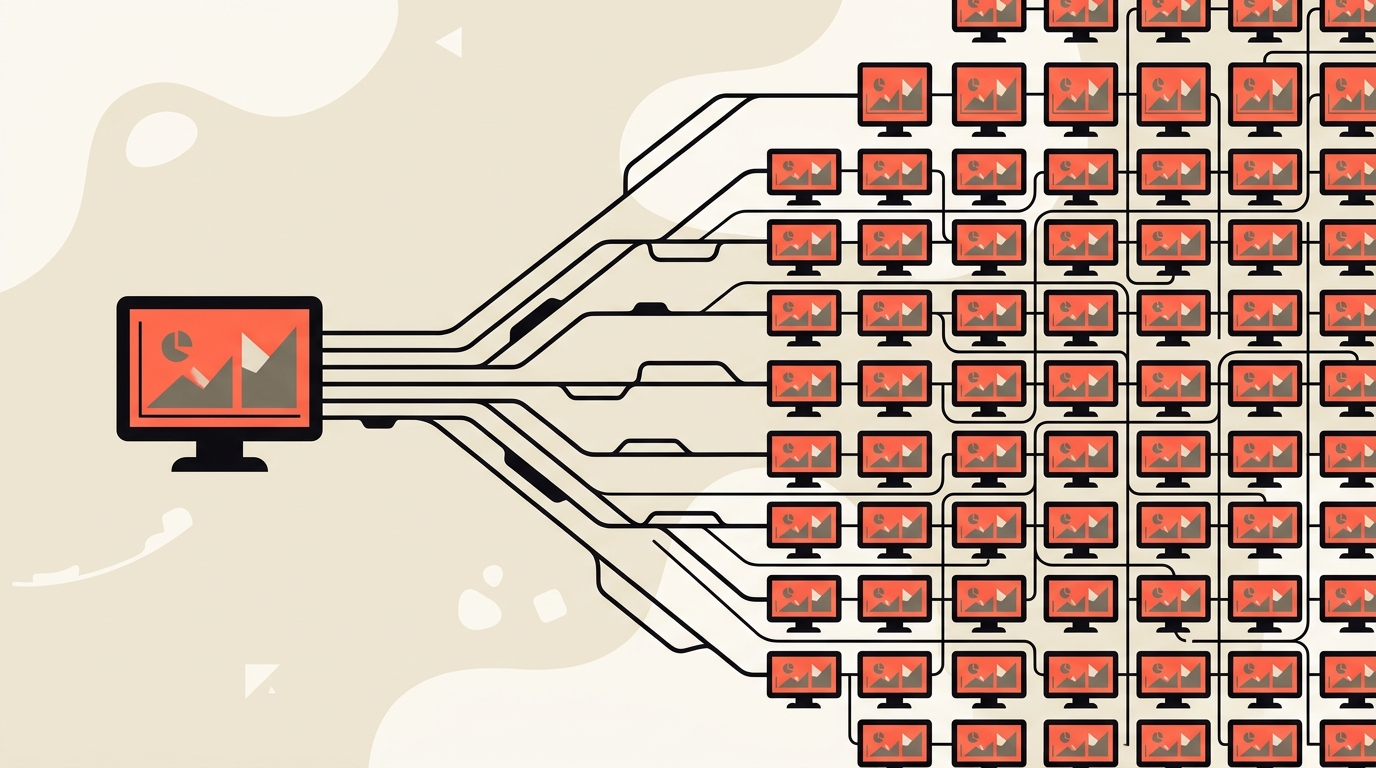 Flat illustration of one screen multiplying outward into a dense wall of coral monitoring consoles