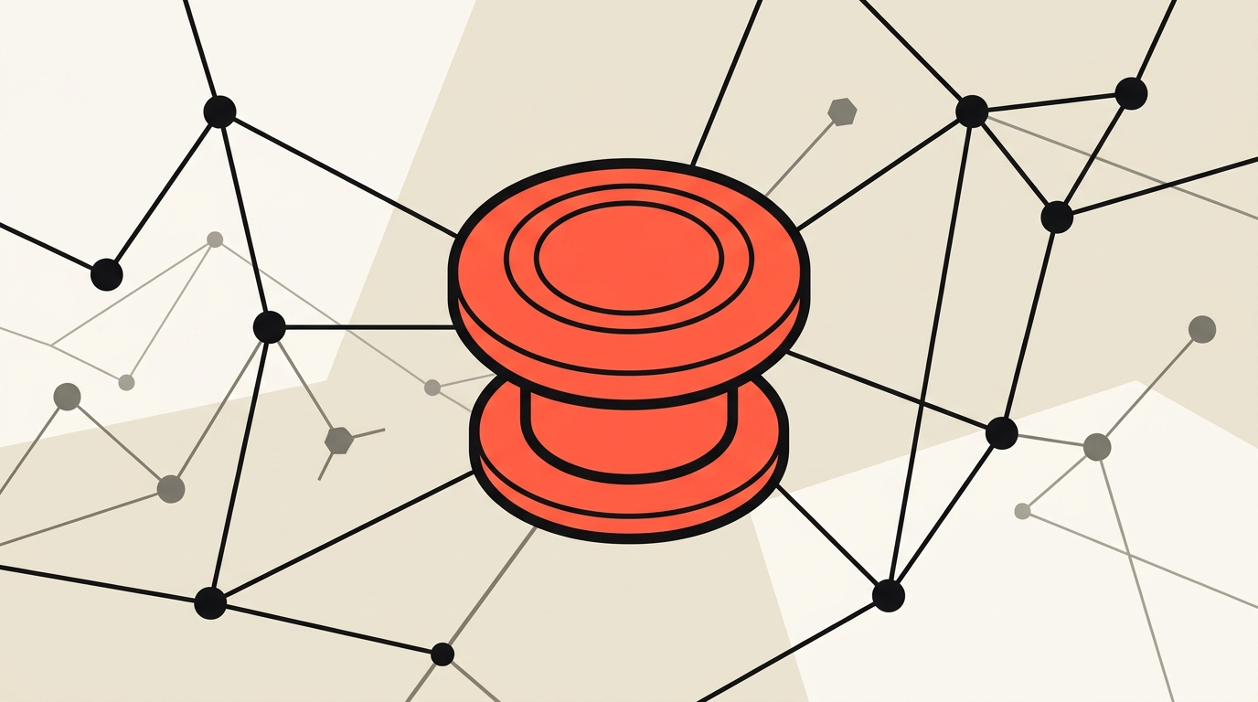 Flat illustration of a large coral emergency stop button over a network of connected nodes
