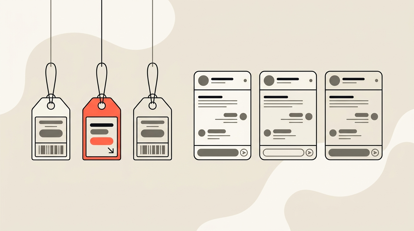 Flat vector illustration of price tags showing monthly costs beside simple AI chat tool interface cards, cream background, coral highlights