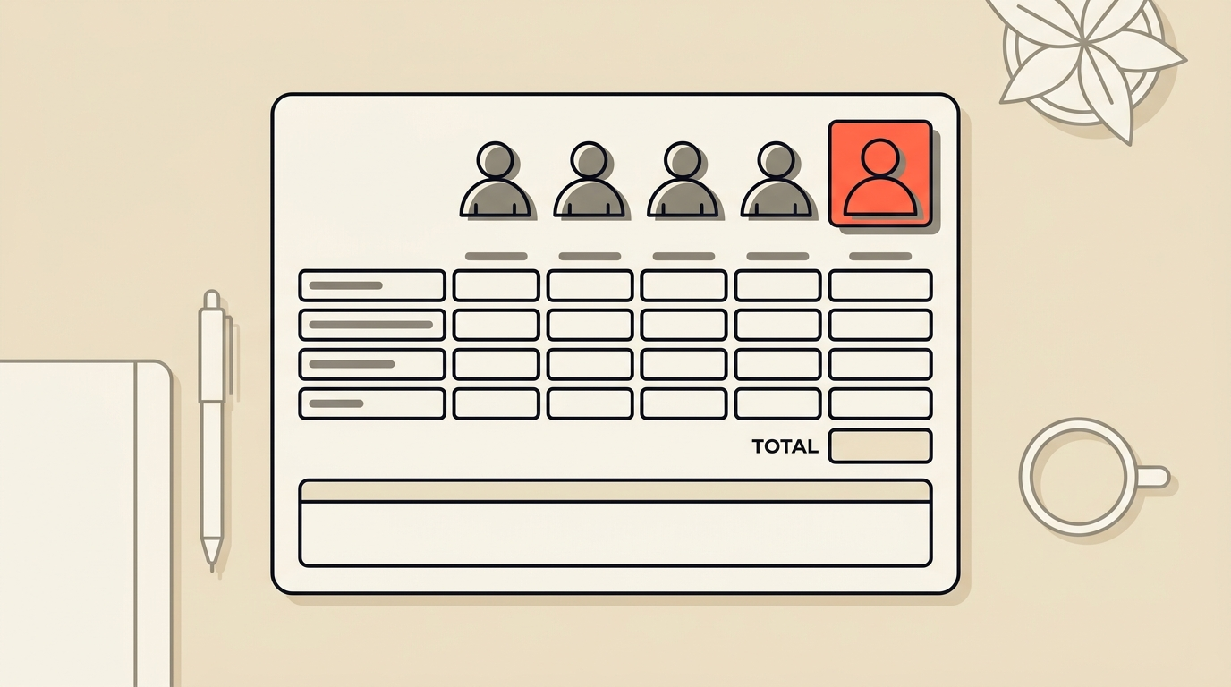 Flat vector illustration of a simple one-page monthly budget planner with a few seat icons and a small spare buffer, cream background, coral accent