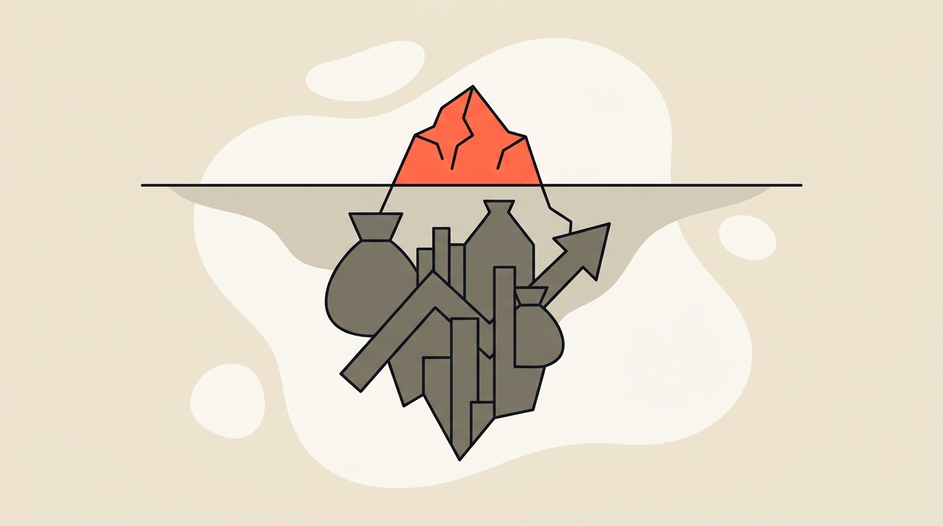 Flat vector illustration of an iceberg with one small visible subscription fee above the waterline and larger hidden costs below, cream background, coral accent