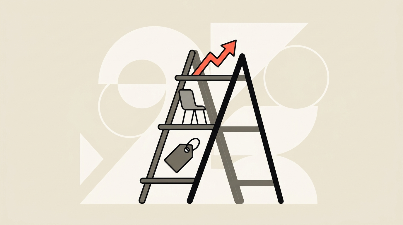 Flat vector illustration of a step ladder rising from a free trial to one paid seat to measured growth, cream background, coral accent